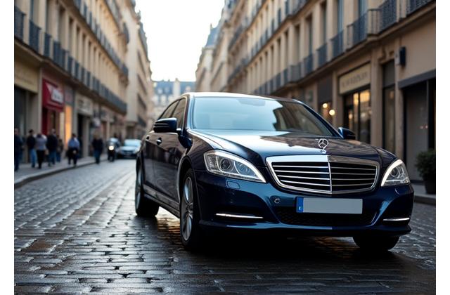 Voiture propre roulant dans une rue pavée typiquement parisienne sous un soleil matinal.