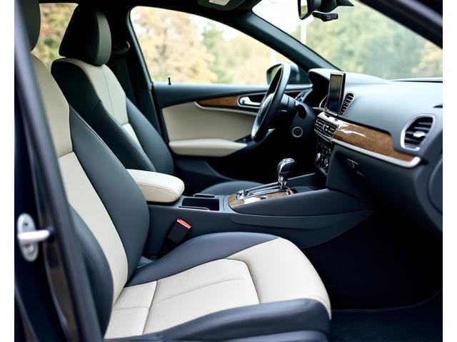 Intérieur d'une Audi A4 après nettoyage, sièges impeccables et tableau de bord lustré